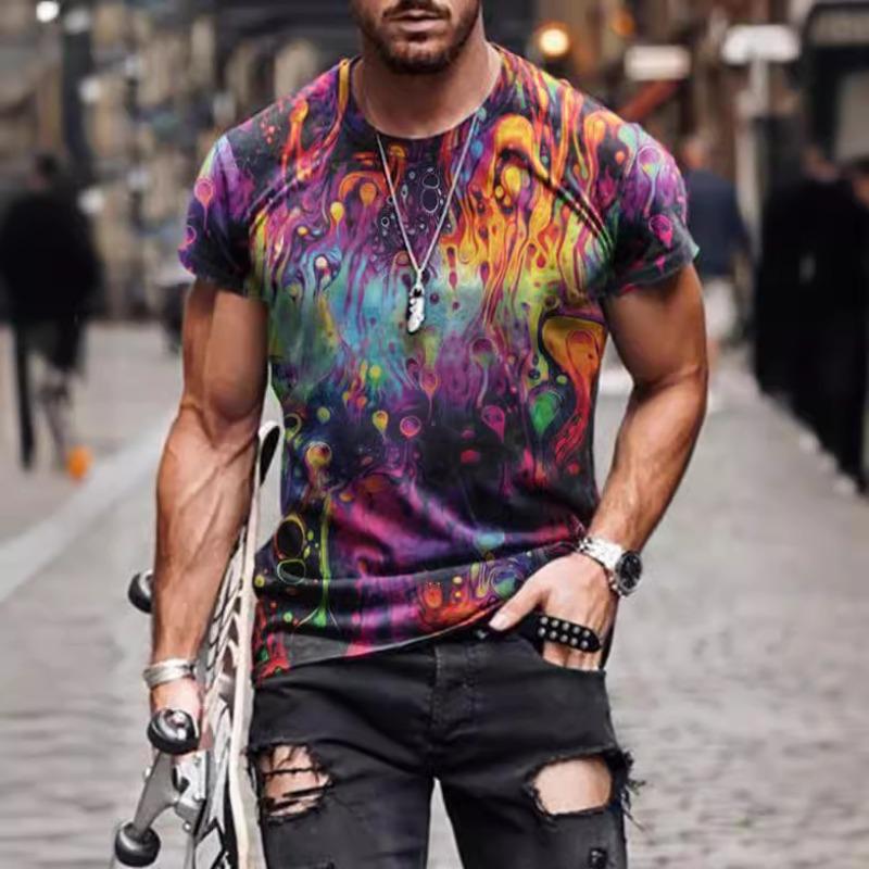 Herrs 3D-printad Street Fashion T-shirt Färgstarkt Mönstertryck Kortärmad Rundhalsad Tröja Vardaglig Topp