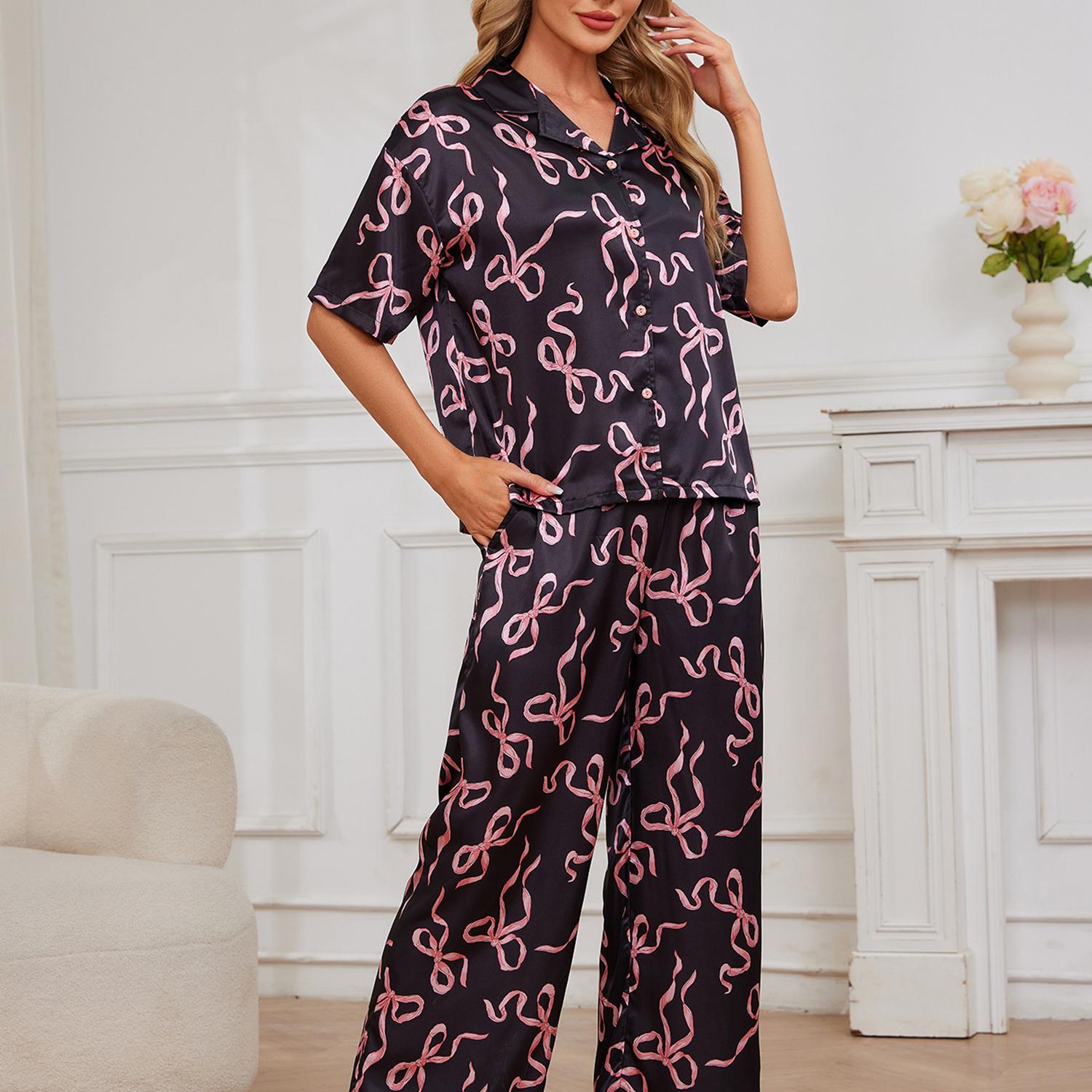 

Женские атласные пижамы, спальные костюмы, принтованные рубашки с короткими рукавами и длинными брюками, комплект из 2 предметов, имитация шелка, одежда для сна и отдыха XL