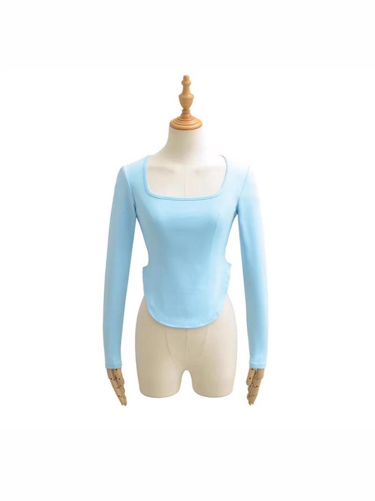Spicy Girl Square Neck Cinched Waist Long Sleeve T-Shirt for Women - Spring/Autumn Base Layer, High Waist, Curved Style Top