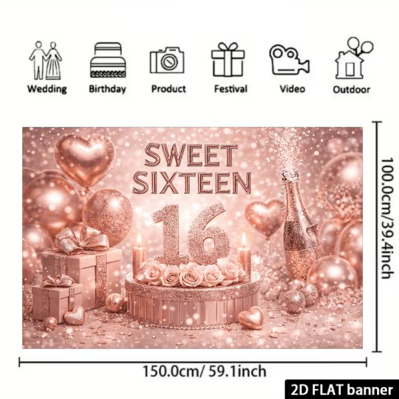 2D Rose Gold Sweet Sixteen Backdrop 16th Birthday Party Background
