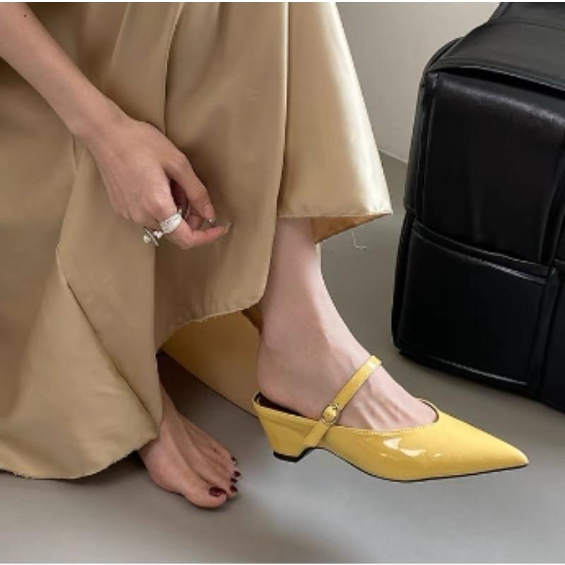 New Style Punk Gothic Metal Buckle Low Heels Sandals Women Pointed Toe Thick Heeled Summer Slippers Woman Platform Muller Shoes