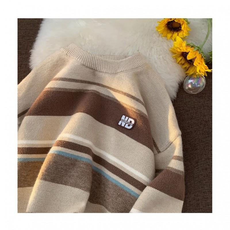 Unisex Oversized Striped Knit Sweater Fall Casual Round Neck Pullover Youth