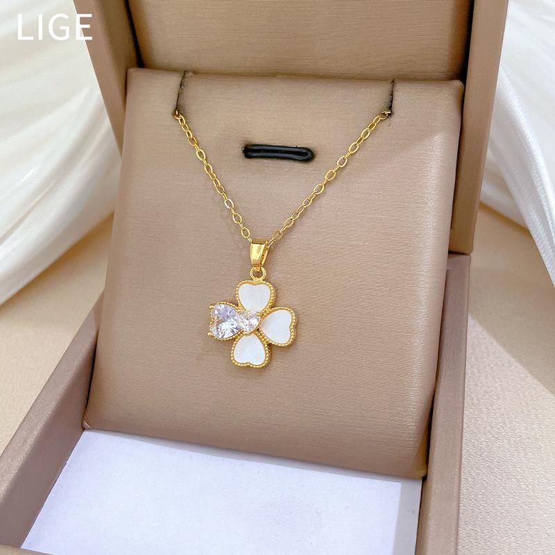 Necklace Earrings Set Light Luxury Full Diamond Shell Four-Leaf Flower Personality Temperament Banquet Earrings Necklace Group