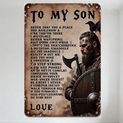 Vintažinis Vikingų Warrior Metalinis Skardinis Ženklas Mano Sūnus Motyvacinis Rustic Rūdyjęs Sieninis Plaketas Namų Dekoras Vyro Urveliui Kavinukei Barui Nordic Norse