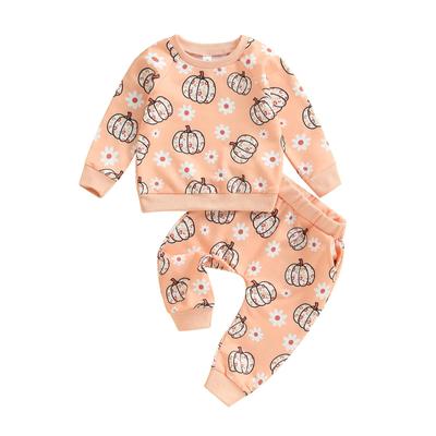 Baby Girl Fall Outfit Flower Pumpkin Print Long Sleeve Sweatshirts Elastic Waist Long Pants 2Pcs Halloween Clothes Set