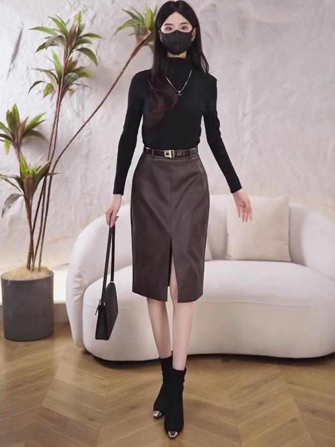 Korean Retro High-Waist Slit Leather Skirt - Autumn/Winter Mid-Length, Slimming, Versatile Design for Women