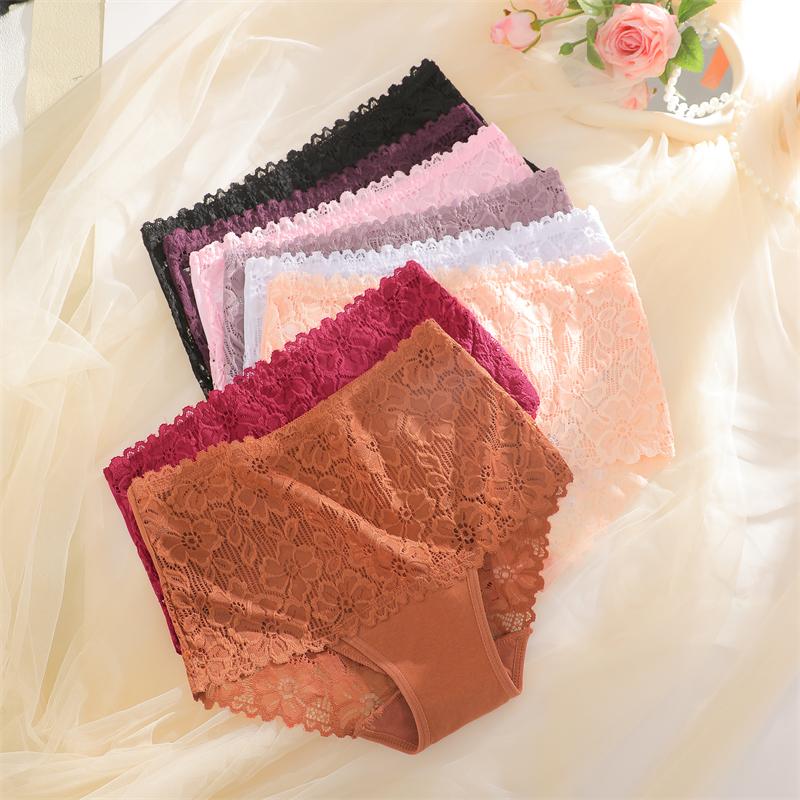 S-XXL Women Mid-Rise Lace Panties Sexy Solid Color Lace Trim Underwear Female Luxury Hollow Out Briefs Cozy Breathable Lingerie