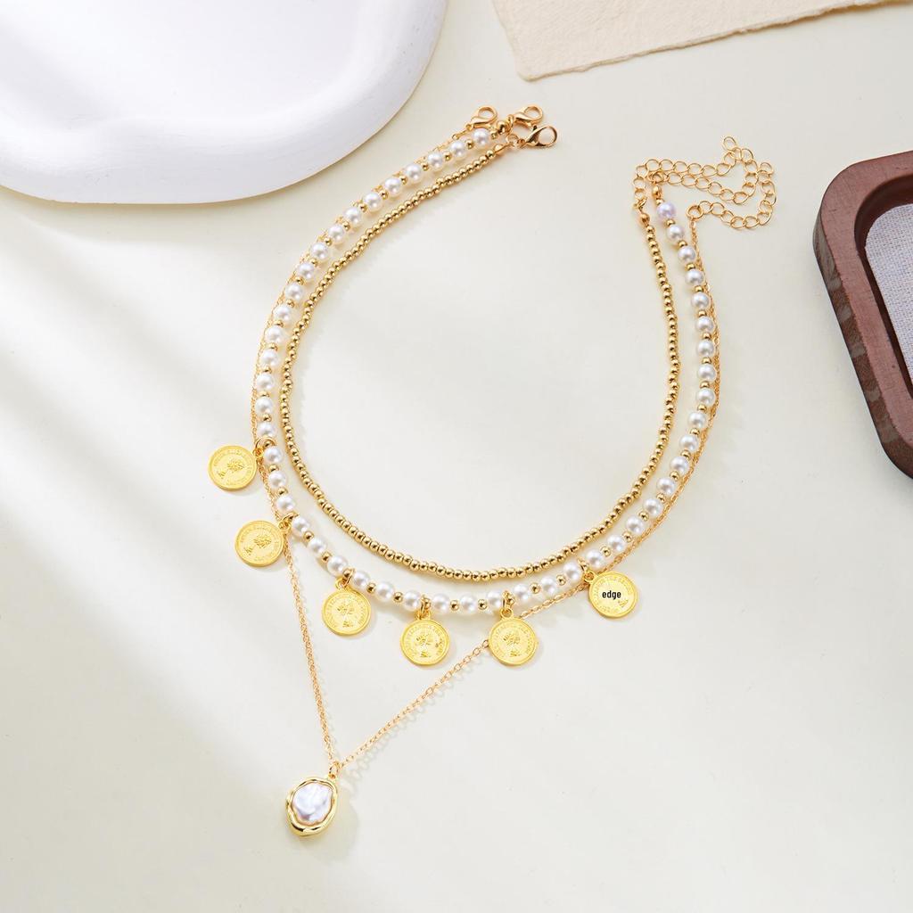 European & American Style Multi-layer Pearl Coin Necklace with Baroque Pendant and Clavicle Chain