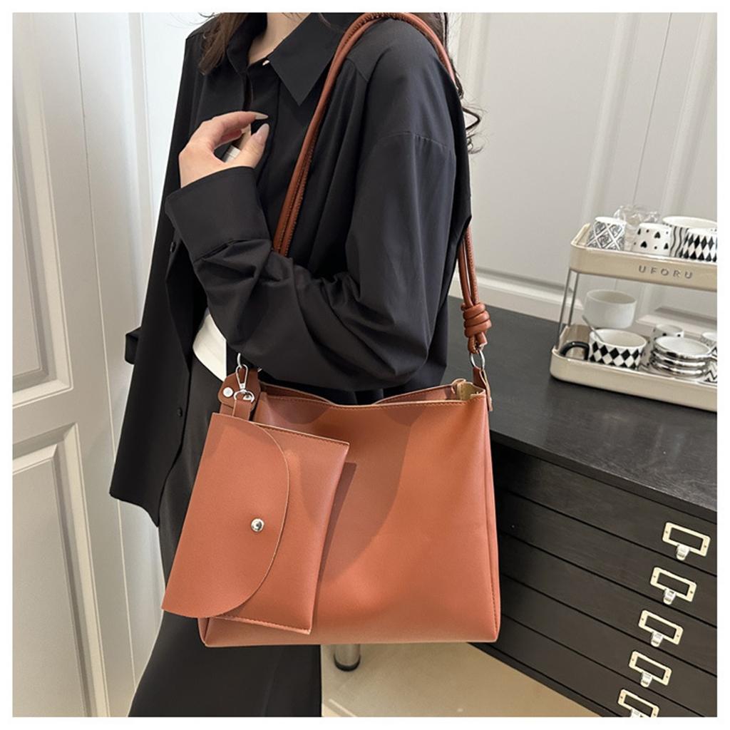 Two Sets Of Casual Solid Colour Large Capacity Retro Fashion Texture Shoulder Tote Bag For Women