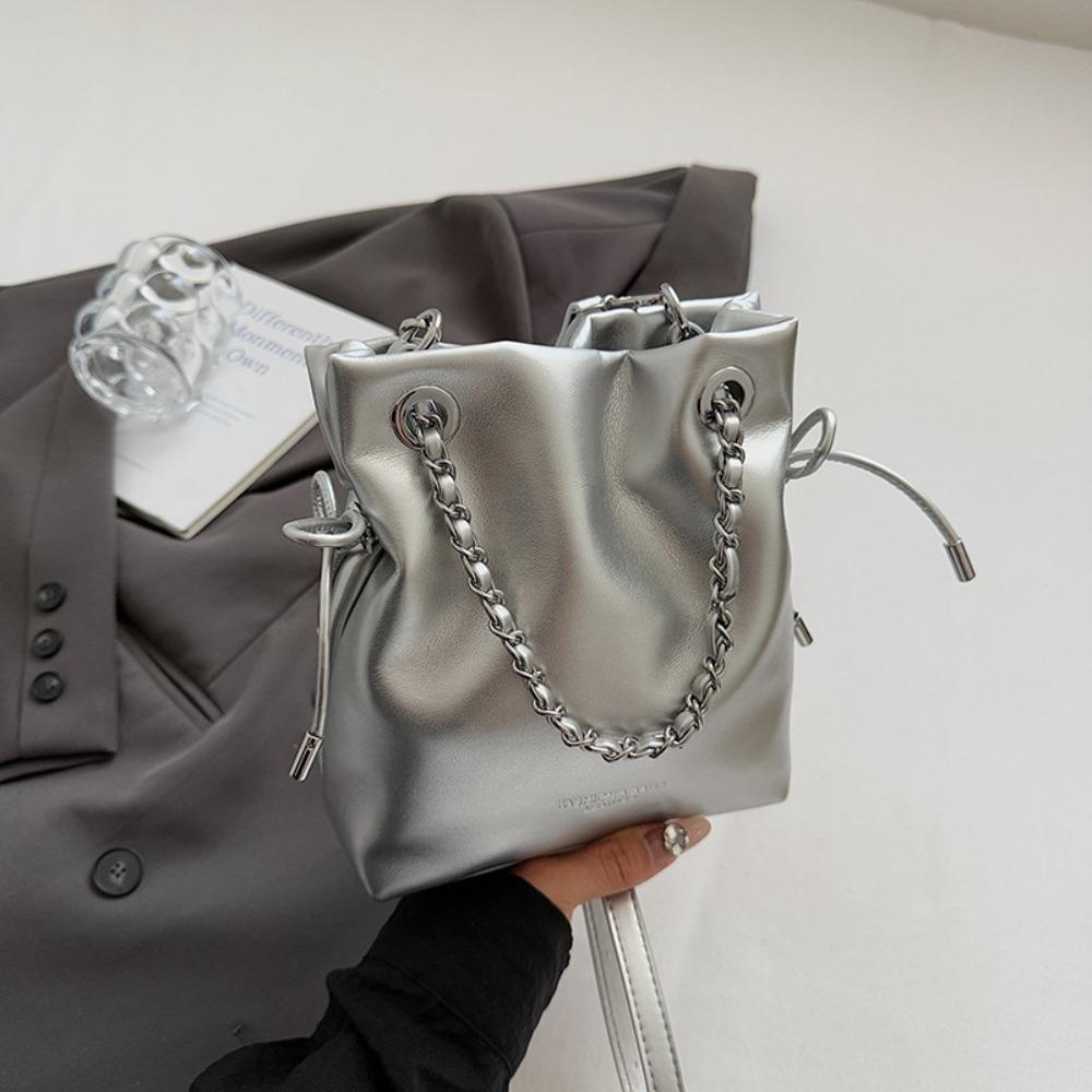 

Сумка через плечо Цепи Ручка Сумки-ведра Кошелек Сумка-ведро на шнурке Повседневная PU Сумка через плечо Путешествия серебряный