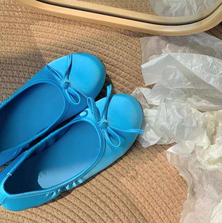 Модные туфли-балетки конфетно-розового цвета из шелка женские с круглым носком и бантом милые женские мокасины с бантом женские лоферы слипоны 2025 35 синий 3934₽