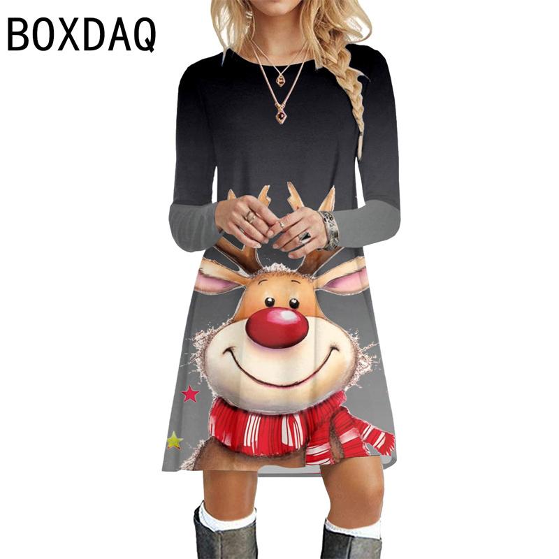 Ladies' Christmas Dress Long Sleeve O-Neck Big Size Casual Dress 3D Fun Cartoon Christmas Deer Pattern Gradient Print Dresses