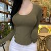 Korean Dongdaemun Low-Cut Slimming Long Sleeve T-Shirt with Curved Hem - Women's Clothing