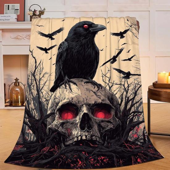Gothic Flannel Blanket Creepy Red Eye Skull Crow Throw Blanket Washable Cozy Blanket for Men Women Boys Girls Sofa Couch Bed Use