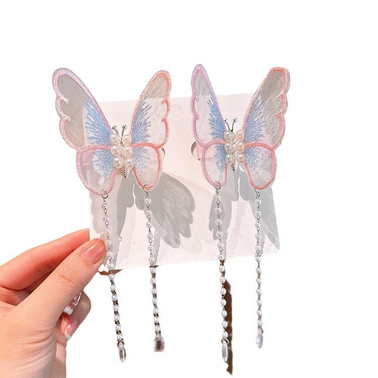 1 Pair Ancient Clothing Fabric Butterfly Hairpin Children's Chinese Style Shaking Tassel Super Immortal Ancient Pair Color Duckbill