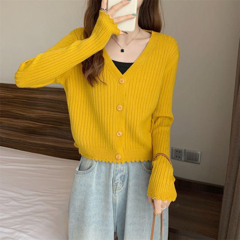 Women's Slim Fit Rib-Knit V-Neck Cardigan – Autumn Long-Sleeve Outerwear