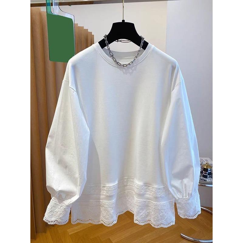 

Air cotton white lace splicing long-sleeved T-shirt women s spring loose solid color outerwear top XL білий
