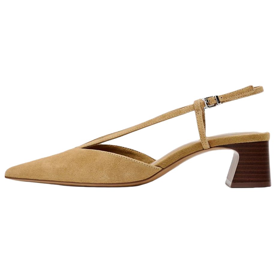 Zara Sheepskin Leather Elegant Pointed Toe Buckle Suede Belt Decor Chunky Heel Open Back High Heels Women High Heels Brown 12221510105-38