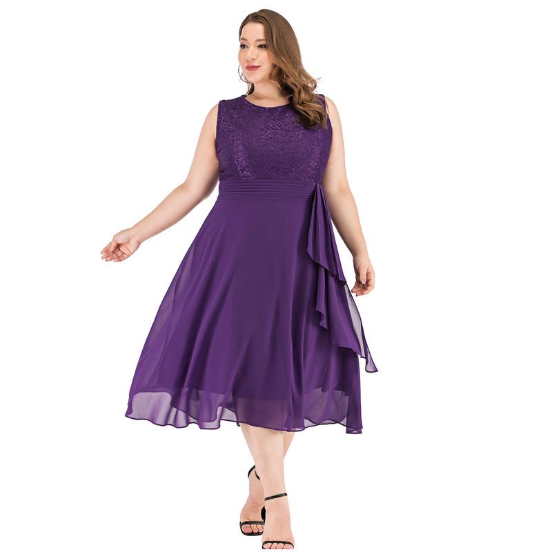 Rochie Neagră Scurtă Slimming Mărimi Mari din Șifon cu Dantelă pentru Femei Mature