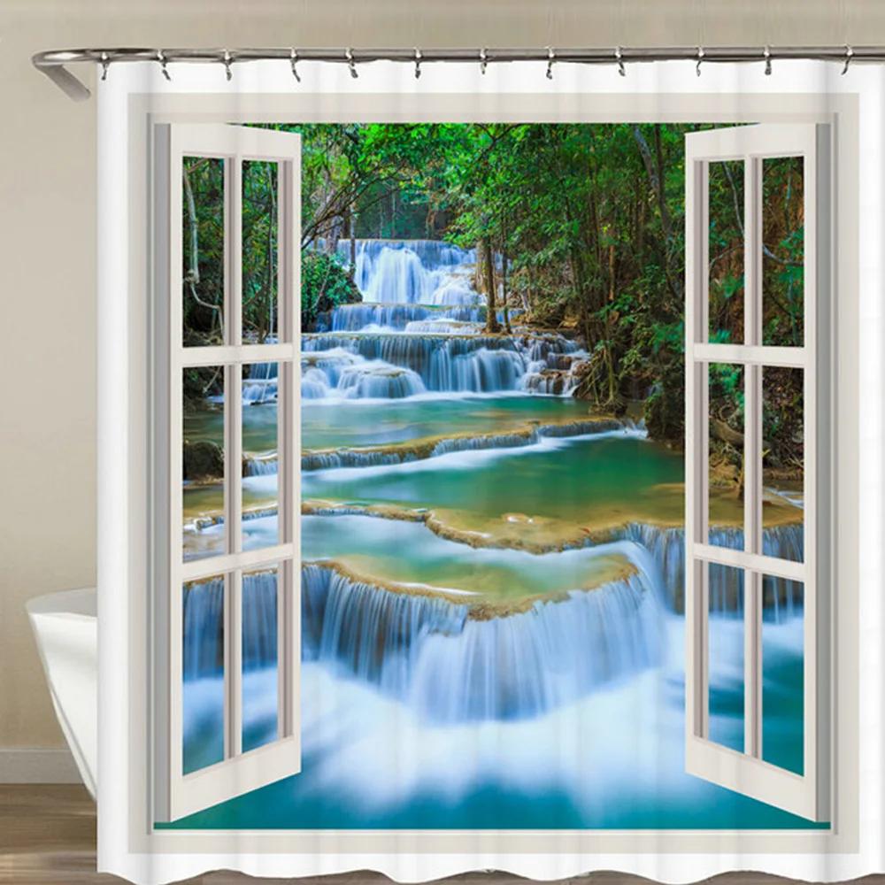 Bath Curtain 3d Printing Window Scenery Forest Shower Curtains 180*200cm Waterproof Bathroom Curtain Washable Fabric With Hooks