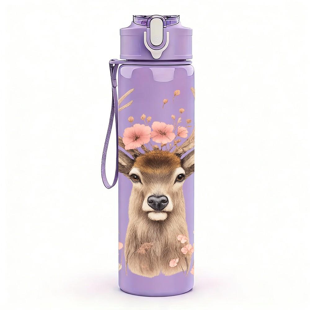 1PC Floral Deer Pattern 750ml Color Plastic Sports Water Bottle Leakproof Flip Straw Lid Suitable for Sports Office Home Use