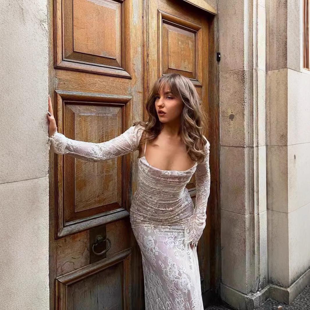 

Vintage Cream White Lace Dress: Elegant European Mesh Long Dress for Women M