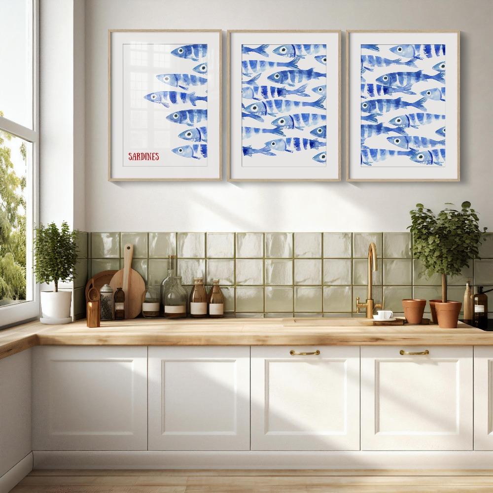 3pcs Frameless,Sardine Print Cloth,Blue Watercolor Fish Poster,Beach House Decoration,Coastal Wall Art,Retro Mediterranean Art
