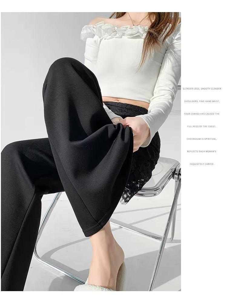Lace Patchwork Two-Piece Look Micro-Flare Pants for Women - Black High-Waisted Slimming Body-Shaping Trousers, Spring 2026 Arrival