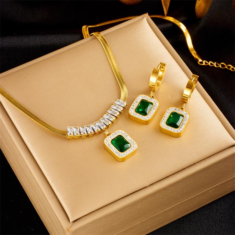 Stainless Steel Square Green Crystal Zircon Pendant Necklace Earrings Bracelet Jewelry Set for Women Gifts