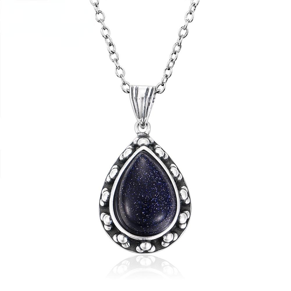 Sterling Silver 925 Pendant Necklace Pear Shape 10x14mm Natural Blue Sandstone Necklace Fashion Jewelry For Women