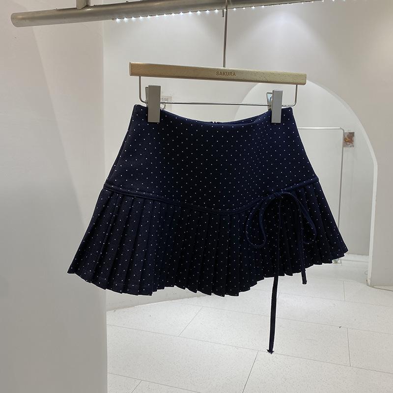 Women's High Waist Red Polka Dot Pleated A-Line Skirt - Anti-Exposure, Autumn/Winter, Short, Bow Detail, Petite Fit