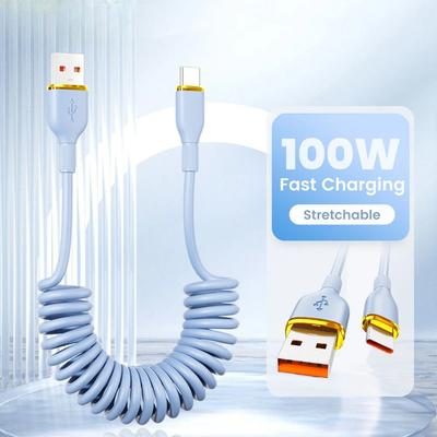 100W Car Spring Data Cable Retractable USB C To Type C Fast Charging Cable for Xiaomi  Quick Charge Transfer Cable