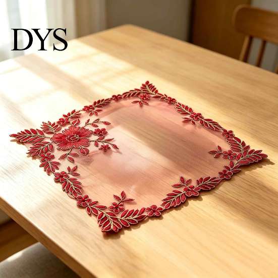 Photography Background Props Square Lace Placemat for Dining Table, Embroidered Mesh Heat Resistant Table Delicate Runners Mat, Retro Floral