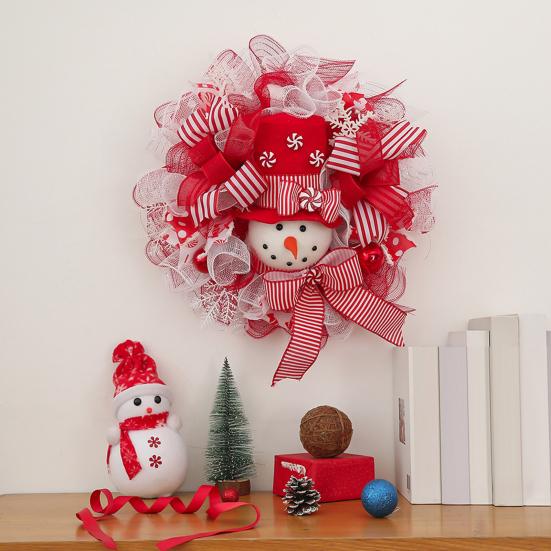 Christmas Snowman Wreath for Front Door Light Up Red/Blue Mesh Ribbon Candy Cane Wreath with Snowman Doll for Winter Home Wall Decor