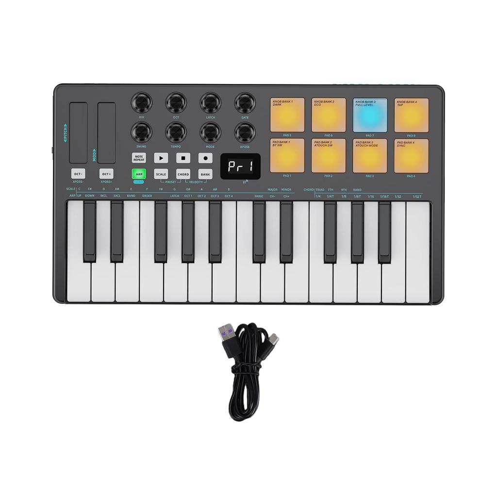 Btuty MIDI Keyboard with 2000mAh 8x4 RGB Multifunctional Mini Welocity Power 8 for Home Performance 25-Key High-Capacity Built-in Battery, Pads,