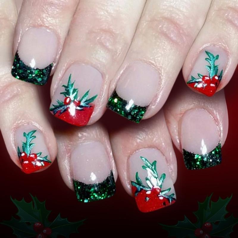 Christmas Themed Fake Nail 24pcs ABS Build French Glitters Green Leaf Design Easy To Apply For Women Party Nail Art 1