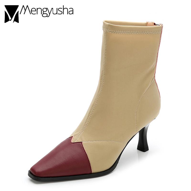 Модные женские сапоги-носки из овчины и эластичной ткани в стиле пэчворк на высоком — фото 5