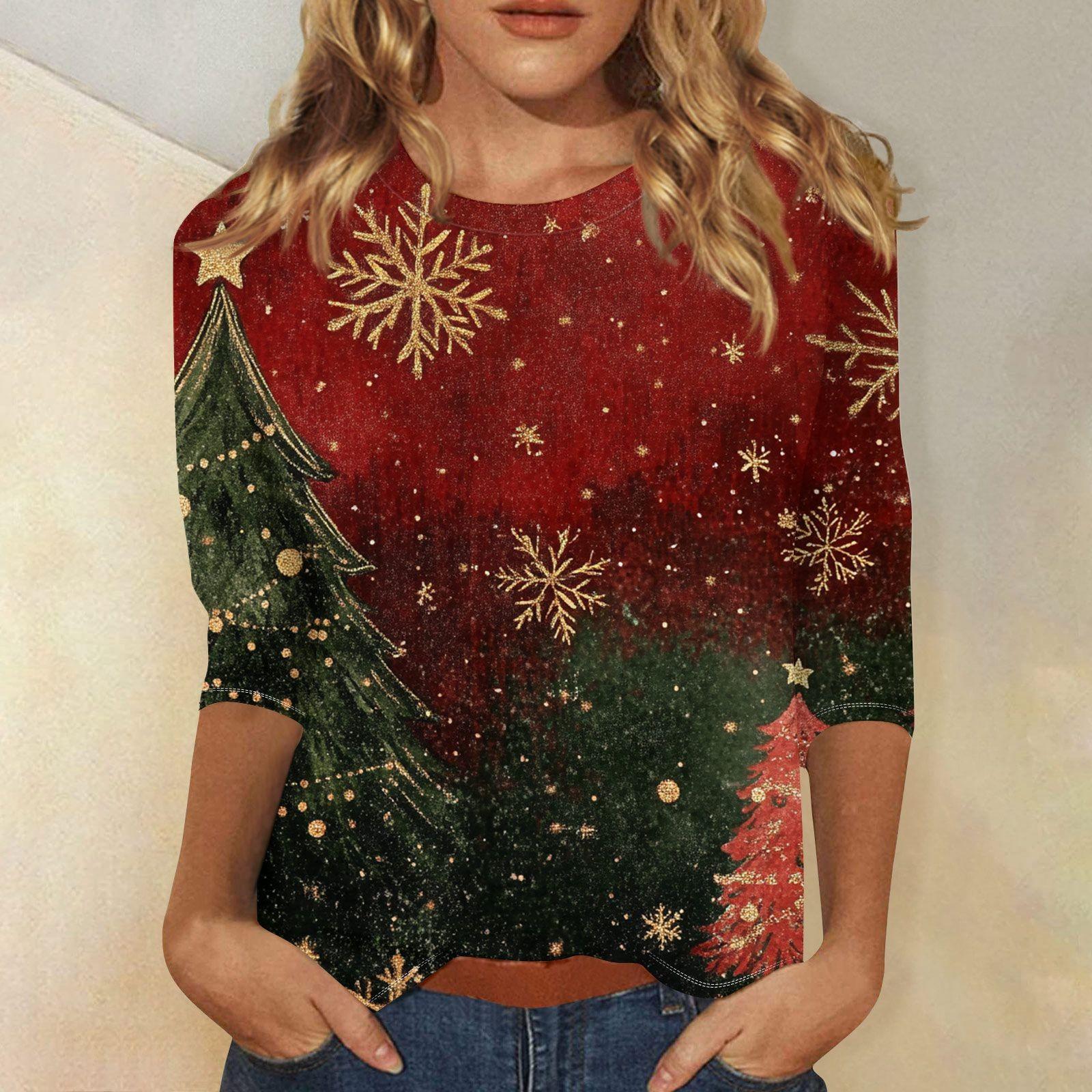 

Женская повседневная футболка с круглым вырезом и рождественским принтом снежинок, рукав три четверти, топ, пуловер XL киноварь