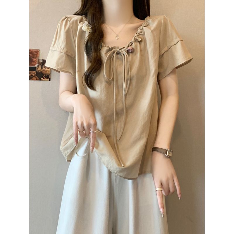 Plus Size Women's French Belly Covering Classic Style Short Sleeve Shirt Female Summer Fat Sister Loose Slimming Chiffon Top