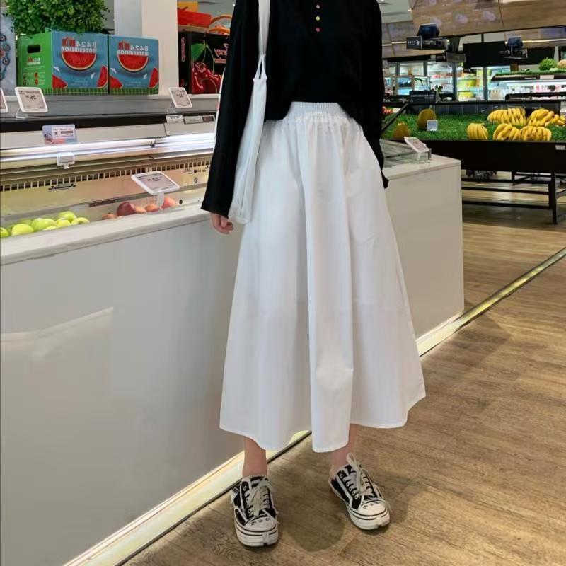 Women's Mid-Length A-Line Skirt: Japanese & Korean Style, Solid Color, Elastic Waist