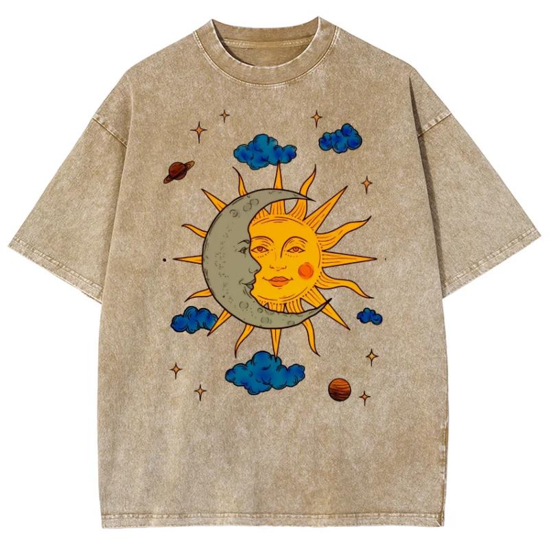 Camiseta de Manga Corta Oversize para Hombre con Estampado de Luna y Sol Camisa Lavada Retro Top de Verano