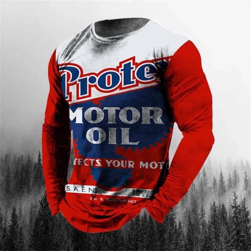 Vintage Men's T-shirt Long Sleeve Biker Tops Tees 3D Oil Print Motorcycle T Shirt Oversized Loose Texaco Man Tshirt
