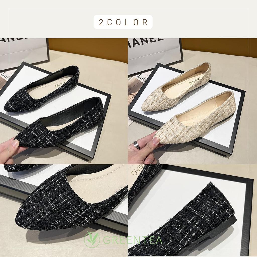 low easy to run easy to walk checkered almond [Green Tea] Pumps, heel, flat, comfortable, in, in, pattern, toe, women's, beige, 39, 24.5cm