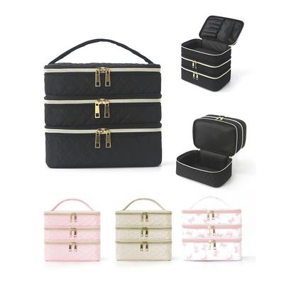 3 Layer Large Capacity Cosmetic Bag Quilted Multifunctional Portable Handbag for Women College Students Travel Dormitory
