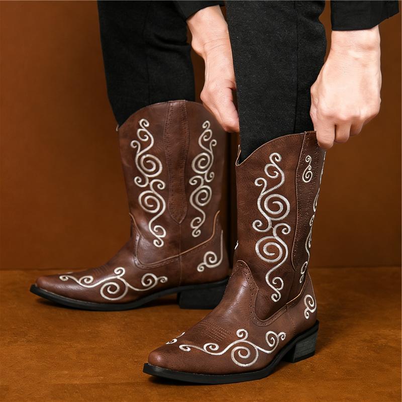 Winter Fashion Designer New High Tops Embroidery Pattern Western Cowboy Boots for Men's Casual Luxury Brand High-top Shoes