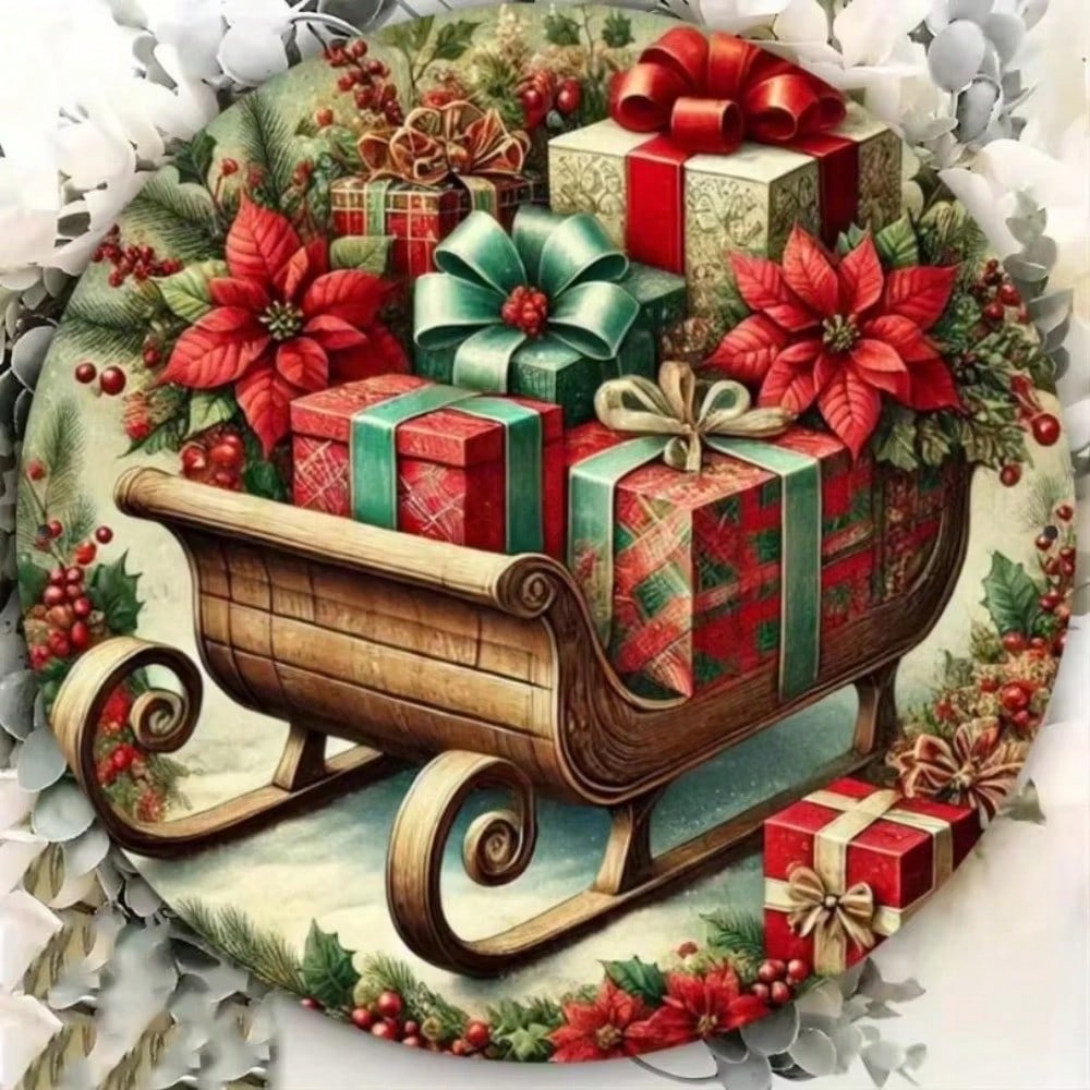 

Vintage Christmas Sleigh Metal Tin Sign 8 inch Round Wall Art Flat Print Home Bar Cafe Car Decor 20x20