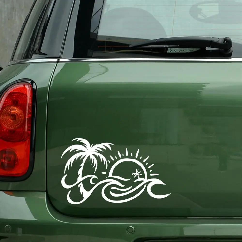 Tropical Palm Tree Sun Wave Sticker 1PC, Waterproof Durable Vinyl Decal for Car Window Bumper Laptop Decor