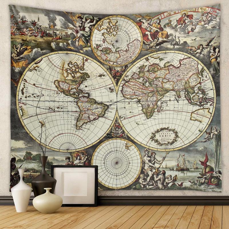 Retro Renaissance World Map Tapestry Polyester Fiber Baroque Art Wall Hanging Living Room Bedroom Home Decoration