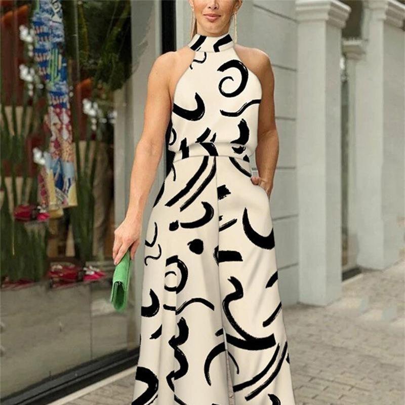 European American Style Round Neck Sexy Printed High Waist Flared Jumpsuit For Women