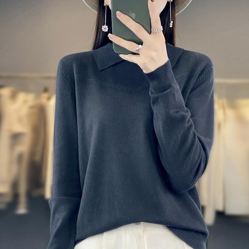 GMXIA Autumn and Winter Knitted Sweater, Women's POLO Neck Solid Color Long-sleeved Sweater, Loose Solid Color Knitted Base Layer